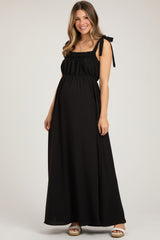 Black Square Neck Shoulder Tie Maternity Maxi Dress