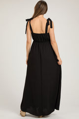 Black Square Neck Shoulder Tie Maternity Maxi Dress