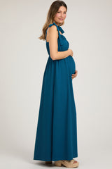 Teal Square Neck Shoulder Tie Maternity Maxi Dress