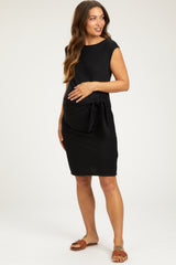 Black Terry Knit Gathered Waist Maternity Dress