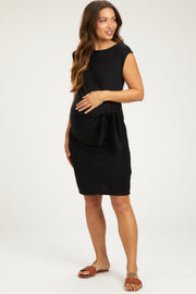 Black Terry Knit Gathered Waist Maternity Dress