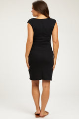 Black Terry Knit Gathered Waist Maternity Dress