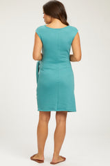 Teal Terry Knit Gathered Waist Maternity Dress