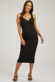 Black Ribbed Sweetheart Neck Maternity Midi Dress