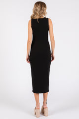 Black Ribbed Sweetheart Neck Midi Dress