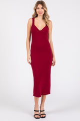 Burgundy Ribbed Sweetheart Neck Maternity Midi Dress