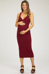 Burgundy Ribbed Sweetheart Neck Maternity Midi Dress