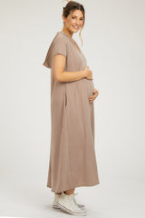 Mocha Fleece Hooded Maternity Midi Dress