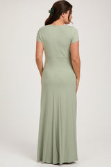 Light Olive Ribbed Square Neck Short Sleeve Maternity Maxi Dress