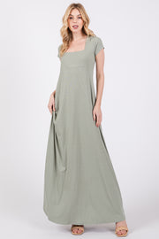 Light Olive Ribbed Square Neck Short Sleeve Maxi Dress