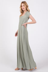 Light Olive Ribbed Square Neck Short Sleeve Maxi Dress