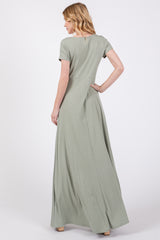 Light Olive Ribbed Square Neck Short Sleeve Maxi Dress