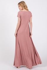 Mauve Ribbed Square Neck Short Sleeve Maxi Dress