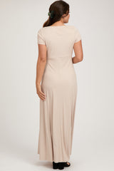 Beige Ribbed Square Neck Short Sleeve Maternity Maxi Dress