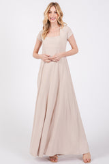 Beige Ribbed Square Neck Short Sleeve Maxi Dress