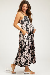 Black Leaf Print Satin Square Neck Maternity Midi Dress