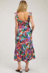 Blue Floral Satin Square Neck Ruffle Strap Maternity Midi Dress