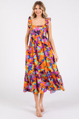 Orange Floral Satin Square Neck Ruffle Strap Maternity Midi Dress