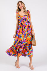 Orange Floral Satin Square Neck Ruffle Strap Midi Dress