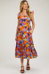 Orange Floral Satin Square Neck Ruffle Strap Maternity Midi Dress