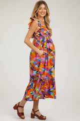 Orange Floral Satin Square Neck Ruffle Strap Maternity Midi Dress