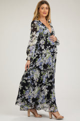 Black Floral Chiffon Deep V Ruffle Tiered Maternity Maxi Dress