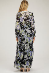 Black Floral Chiffon Deep V Ruffle Tiered Maternity Maxi Dress