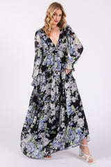 Black Floral Chiffon Deep V Ruffle Tiered Maternity Maxi Dress