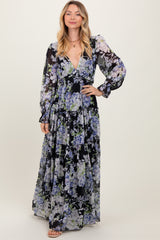 Black Floral Chiffon Deep V Ruffle Tiered Maxi Dress