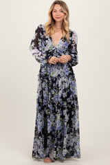 Black Floral Chiffon Deep V Ruffle Tiered Maxi Dress