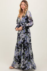 Black Floral Chiffon Deep V Ruffle Tiered Maxi Dress