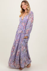 Lavender Floral Chiffon Deep V Ruffle Tiered Maternity Maxi Dress