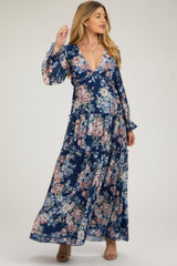 Navy Blue Floral Chiffon Deep V Ruffle Tiered Maternity Maxi Dress