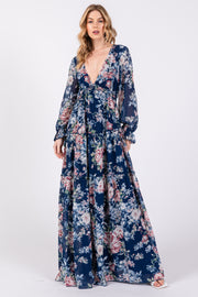 Navy Blue Floral Chiffon Deep V Ruffle Tiered Maxi Dress