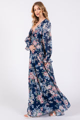 Navy Blue Floral Chiffon Deep V Ruffle Tiered Maxi Dress