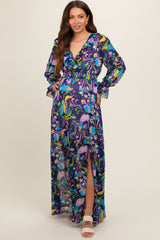 Purple Print Ruffle Long Sleeve Maternity Maxi Dress