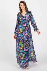 Purple Print Ruffle Long Sleeve Maternity Maxi Dress