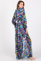 Purple Print Ruffle Long Sleeve Maxi Dress