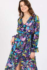 Purple Print Ruffle Long Sleeve Maxi Dress