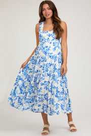 Blue Floral Sleeveless Tiered Maternity Maxi Dress