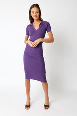 Purple Ribbed Collared V-Neck Maternity Midi Dress