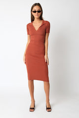 Rust Ribbed Collared V-Neck Maternity Midi Dress