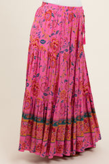 Pink Floral Tiered Maternity Maxi Skirt