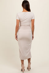 Beige Boat Neck Side Ruched Waist Tie Maternity Midi Dress