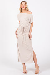 Beige Boat Neck Side Ruched Waist Tie Maternity Midi Dress