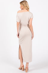 Beige Boat Neck Side Ruched Waist Tie Midi Dress