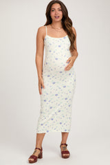 White Ultra Soft Knit Floral Sleeveless Maternity Midi Dress