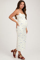 White Ultra Soft Knit Floral Sleeveless Maternity Midi Dress