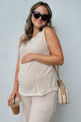 Beige Slub Knit Maternity Pants Set