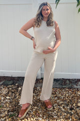 Beige Slub Knit Maternity Pants Set